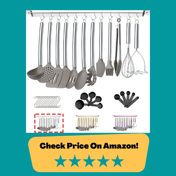 #6 38 Piece Silicone Kitchen Cooking Utensils Set with Utensil Rack, Silicone Head and Stainless Steel Handle Cookware, Kitchen Tools for Utensil Sets, Non-Stick Kitchen Gadgets, Dishwasher Safe(Silver)