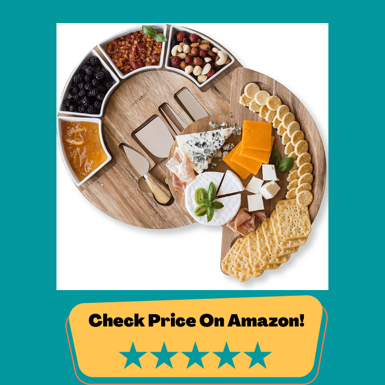 #4 Cheese Board Set - Charcuterie Board Set and Cheese Serving Platter - Made from Acacia Wood - US Patented 13 inch Cheese Cutting Board and Knife Set for Entertaining and Serving - 4 Knives and 4 Bowls