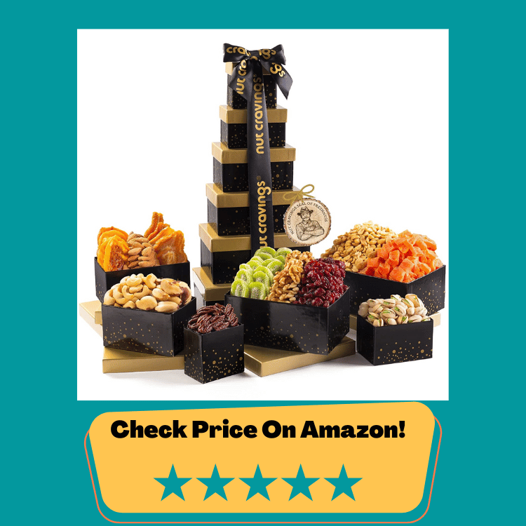 #4 Christmas Gift Basket Holiday Dried Fruit & Nuts Black Tower + Ribbon (12 Assortments) Gourmet Food Bouquet Xmas Arrangement Platter, Birthday Care Package, Healthy Kosher Snack Box