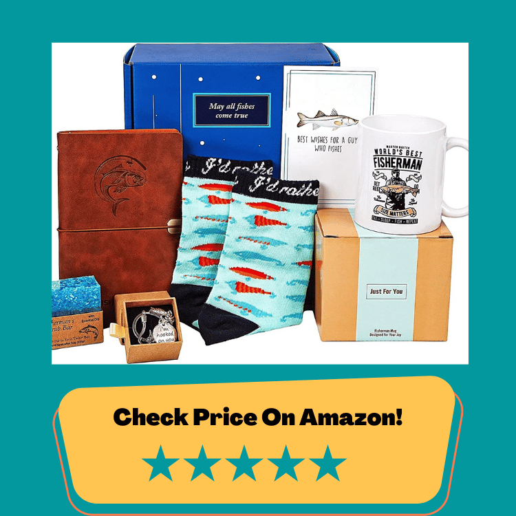 #4  - Fathers Day Fishing Gifts for Dad - Best Gifts for A Fisherman Men Gift Box; Fishing Log Book Fishing Mug Keychain Soap Socks