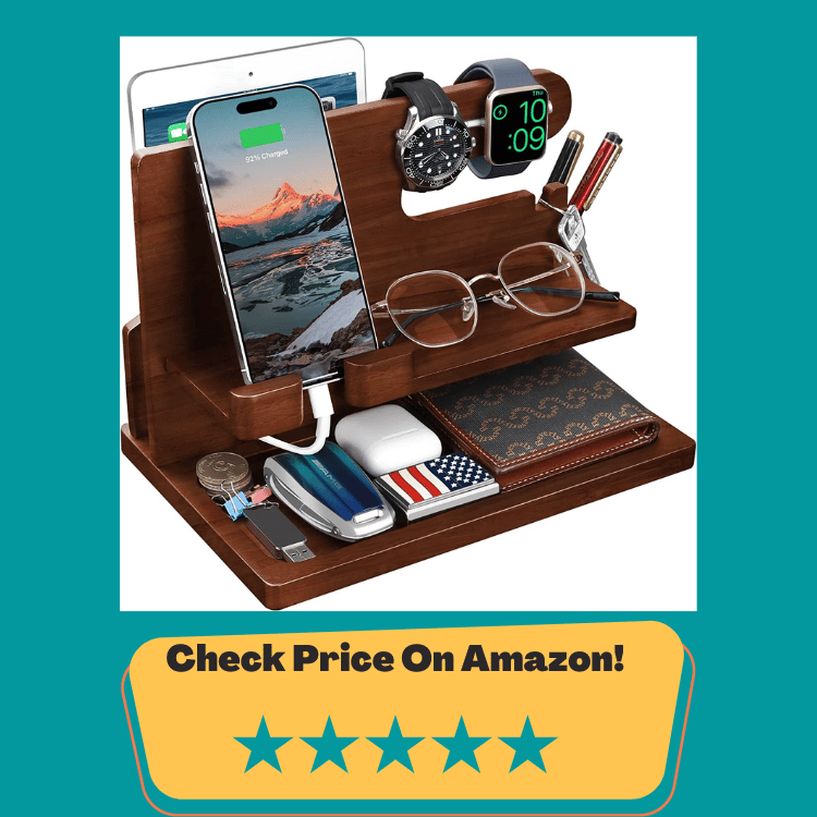 #7 Gifts for Men Wood Phone Docking Station for Men Nightstand Organizer Gifts for Dad Desk Organizer Cell Phone Stand Charging Station Dad Gifts Grandpa Gifts for Husband Boyfriend Brother Son