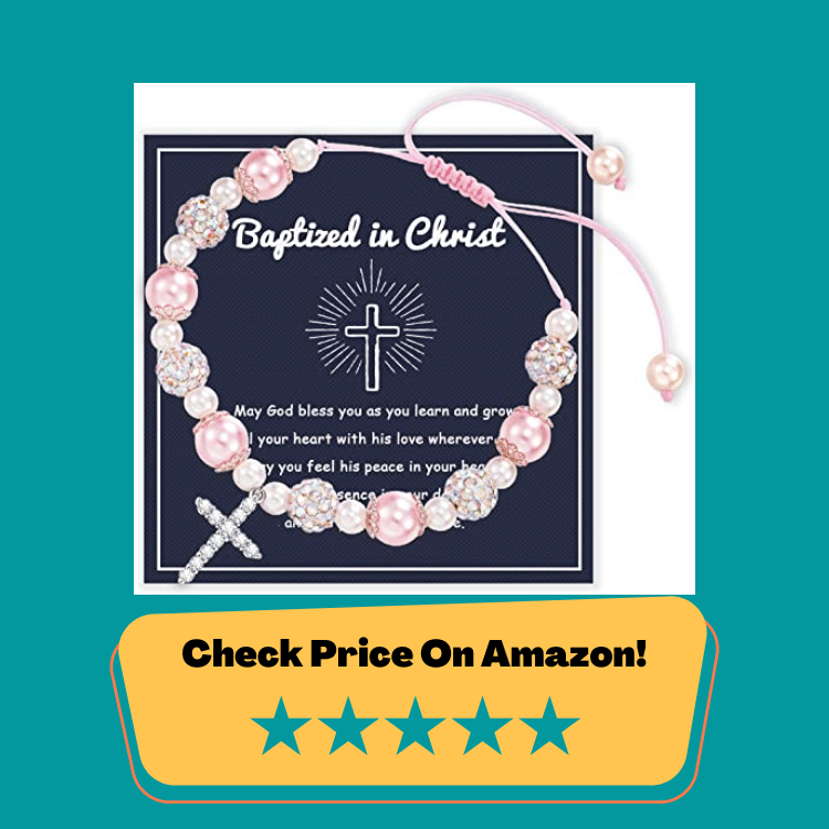 #1 HGDEER Baptism Gifts for Girl, Christian Confirmation gifts Gifts for Girls, Pink Pearl and Rhinestone Balls Cross Bracelets for Goddaughter