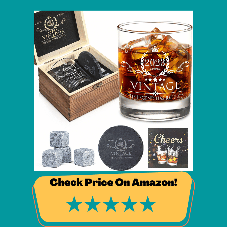 #5 Retirement Gifts for Men Whiskey Glass Set - The Legend Has Retired 2023 - Retirement Party Decorations, Supplies - Gifts Ideas for Him, Dad, Husband, Friends - Wood Box & Whiskey Stones & Coaster