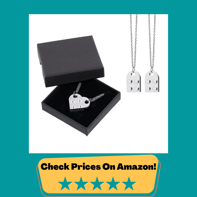 #5 Brick Heart Necklace Set Couples BFF His/Her Gifts Compatible with Lego Elements Friendship 2 Piece (Solid Metal)