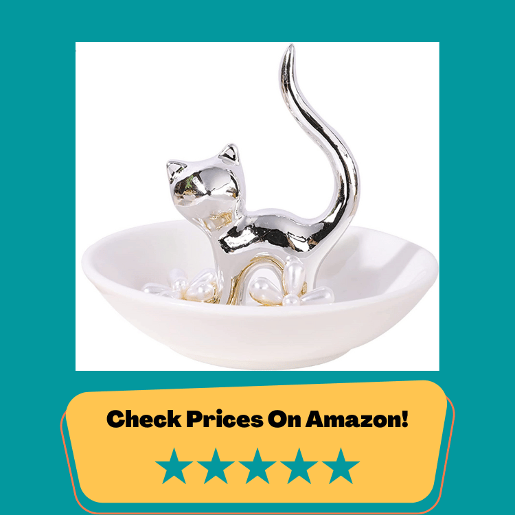 #3 Cat Ring Holder, Ring Dish for Rings Earrings Organizer, Jewelry Holder Trinket Dish for Women Cat Lovers Christmas Birthday Wedding Valentine's Day Gift for Mom, Friends, Sisters, Girls (Silver Cat)