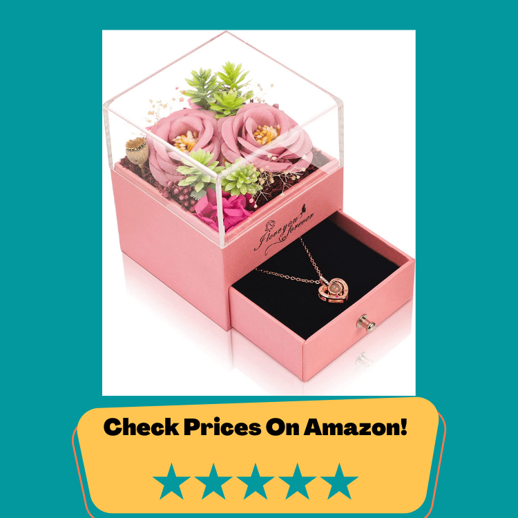 #6 Mothers Day Rose Flowers Box Gifts for Women Mom with Necklace,Unique Birthday Box Flower Gifts for Mom from Daughter,Valentines Day Pink Box Gift for Wife Her Anniversary Flower Gift for Girlfriend