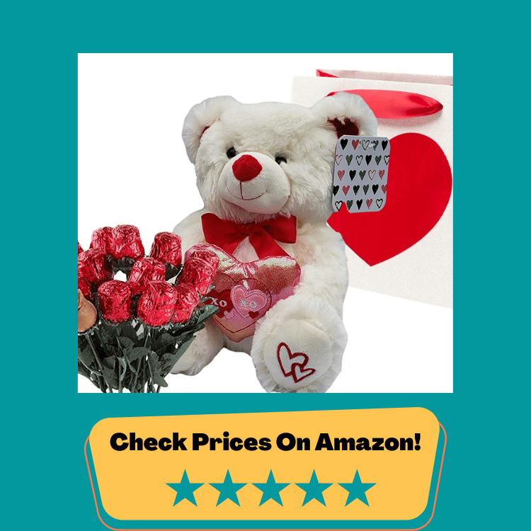 #5 Valentines Day Gift Basket | 10 Inches Teddy Bear Plush (Color May Vary), Valentine Theme Gift Bag & A dozen Belgian Milk Chocolate Roses Bouquet 2.11 ounce | For Her Wife Girlfriend Mother Daughter